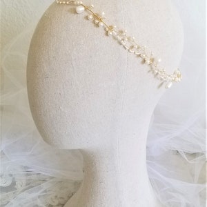 Bridal Freshwater Pearl Hair Vine. Gold or Silver Delicate Wedding Leaf Wreath, Halo. Minimalist Bride Headpiece, Tiara Crown Headband. JUNE image 7