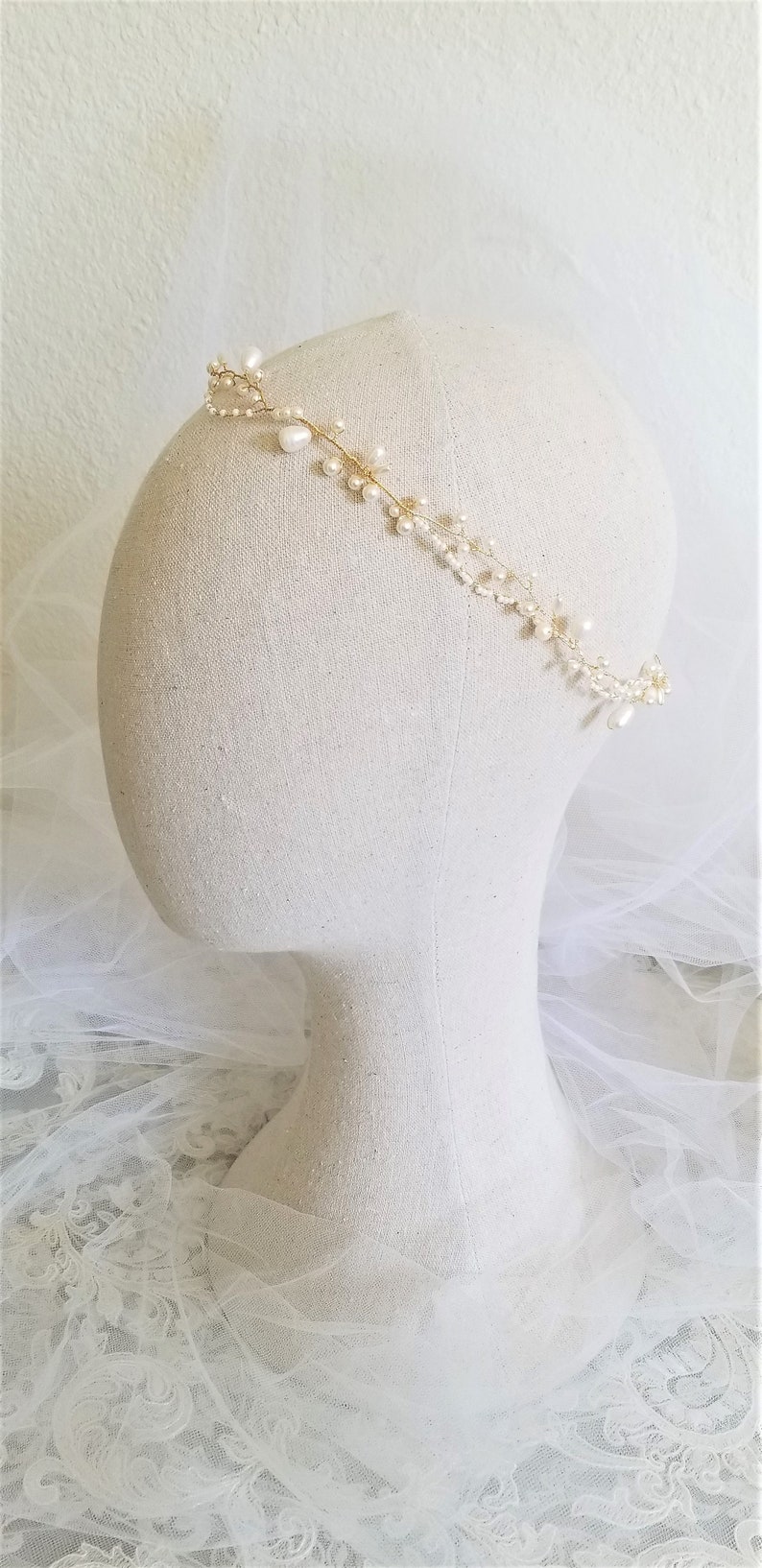 Bridal Freshwater Pearl Hair Vine. Gold or Silver Delicate Wedding Leaf Wreath, Halo. Minimalist Bride Headpiece, Tiara Crown Headband. JUNE image 7