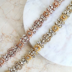 Rose gold or Gold Crystal Pearl Medallion Bridal Belt. Luxury Beaded Rhinestone Wedding Dress Sash. Bride Thin Belt. Beaded Applique. ELIE image 1