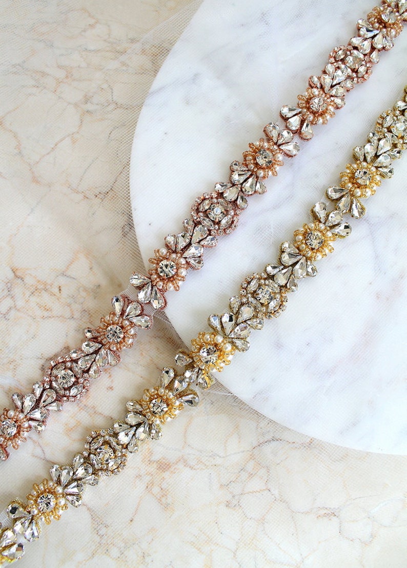 Rose gold or Gold Crystal Pearl Medallion Bridal Belt. Luxury Beaded Rhinestone Wedding Dress Sash. Bride Thin Belt. Beaded Applique. ELIE image 1