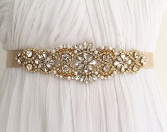 Gold Bridal Crystal Sash. Rose Gold Rhinestone Pearl Applique Wedding Dress Belt. Bridal Sash. VINTAGE MODE GOLD