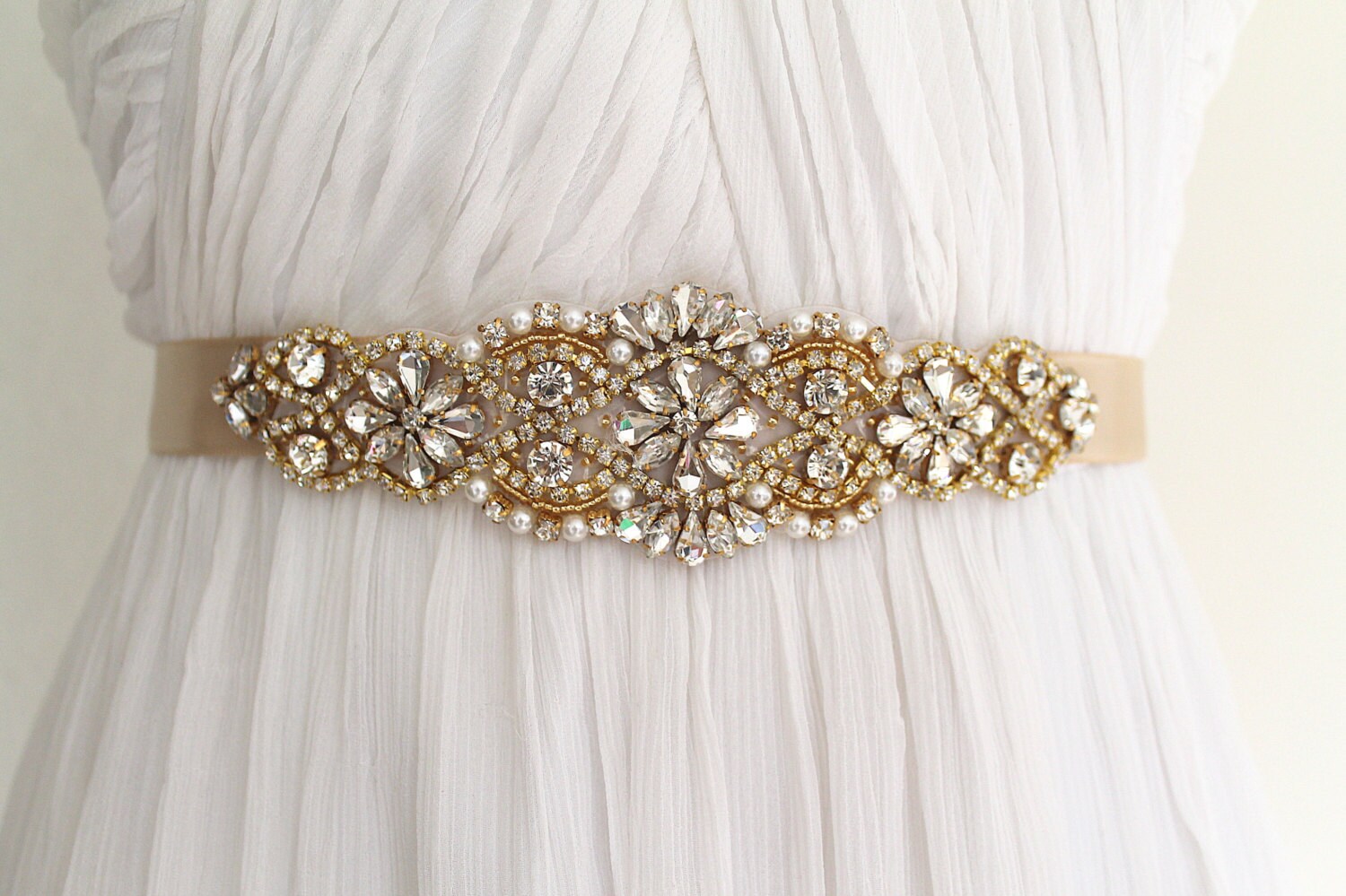 Gold Bridal Sash: Rhinestone Pearl Applique Wedding Dress Belt