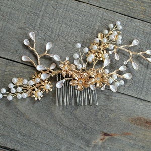 Gold Leaf Bridal Hair Comb: Pearl & Crystal Flower Boho Headpiece