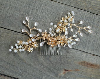 25% OFF. Gold Leaf Vine Twig Bridal Headpiece. Pearl Swarovski Crystal Boho Wedding Hair Comb. Gold Flower Bridal Wreath, Headband.  ESTELLE