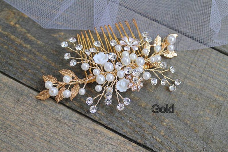 Tocado de boda de vid de oro rosa o pan de oro. Peine de pelo nupcial de perlas de cristal boho. Pasador de alambre de flor de pedrería plateada, postizo. FLORA imagen 5