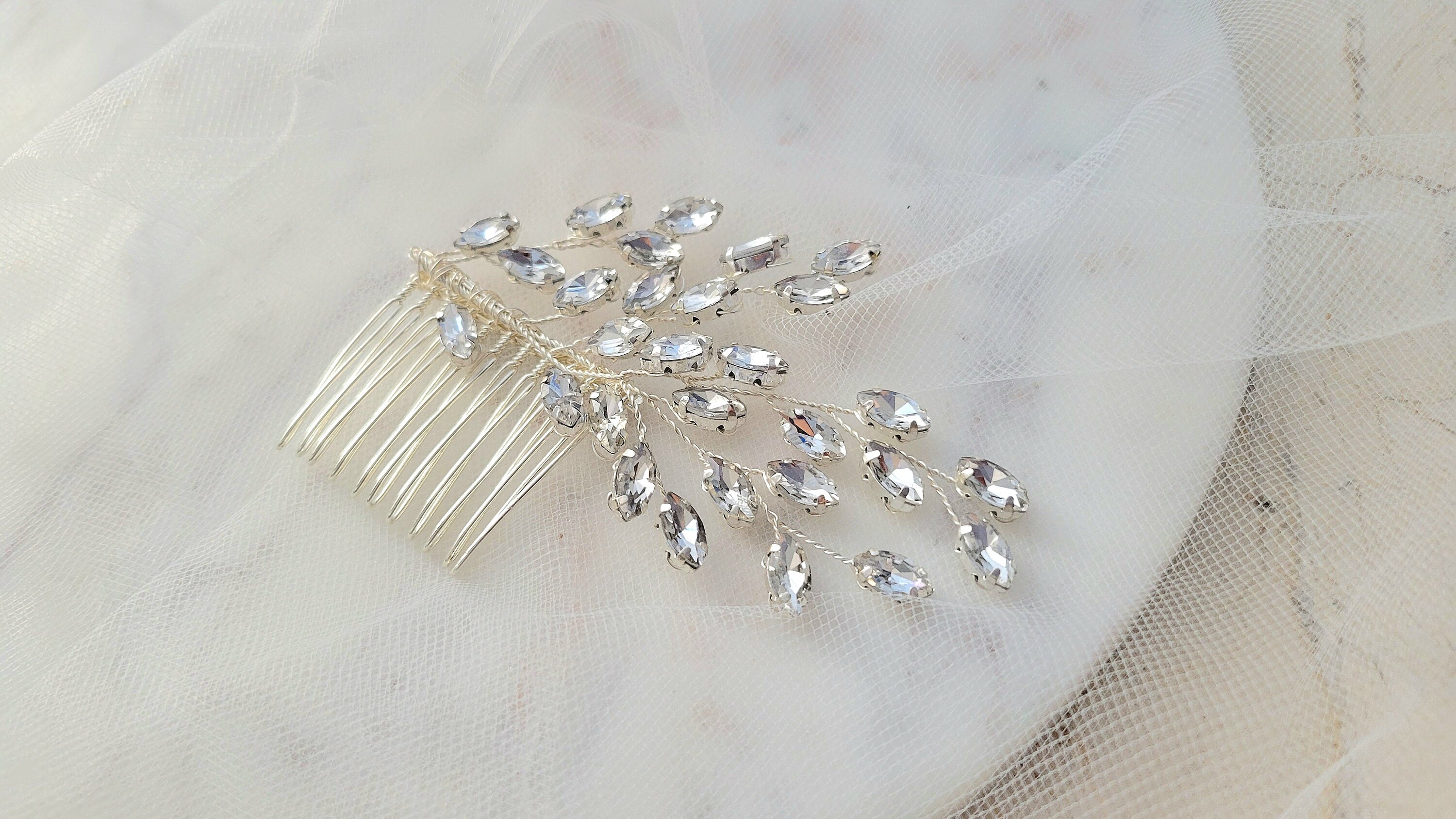 Crystal Bridal Hair Comb: Gold or Silver Rhinestone Leaf 