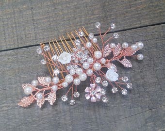 Tocado de boda de vid de oro rosa o pan de oro. Peine de pelo nupcial de perlas de cristal boho. Pasador de alambre de flor de pedrería plateada, postizo. FLORA