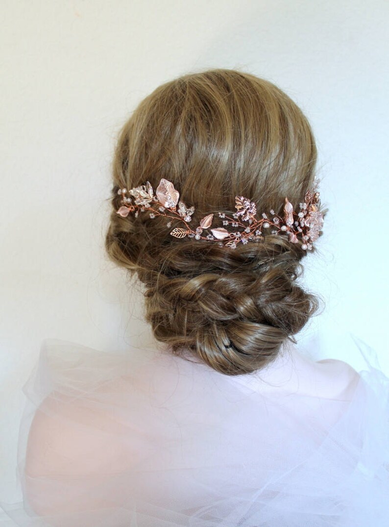Rhinestone Pink Floral Rustic Hairpiece Blush Boho Crystal Pearl Wedding Wreath Headband Rose gold or Gold Leaf Vine Bridal Headpiece BEA