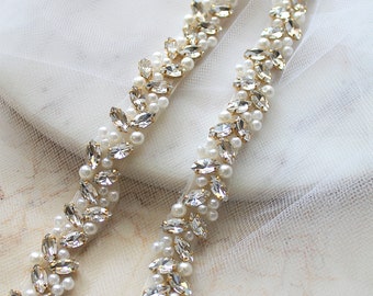 Gold or Silver Beaded Pearl Crystal Bridal Sash. All Around Thin Slim Wedding Dress Belt. Rose gold Bridesmaid Rhinestone Leaf Trim. MICHEL