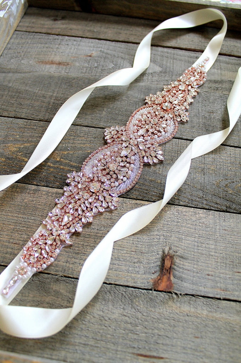 Rose gold Bridal Crystal Sash. Wide, Thick Rhinestone Pearl Luxury Wedding Dress Belt. Blush Pink Glam Bride Sash. image 4