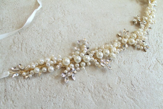 Pearl Bridal Sash: Gold Crystal Leaf Wedding Dress Belt - Etsy display picture 3