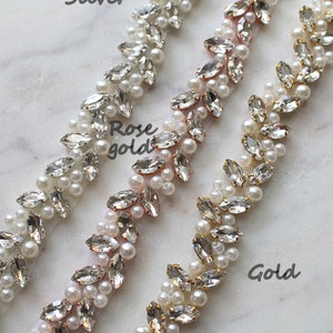 Silver Beaded Pearl Crystal Bridal Sash. All Around Thin Slim Gold Wedding Dress Belt. Rose gold Bridesmaid Rhinestone Leaf Trim. MICHEL image 6