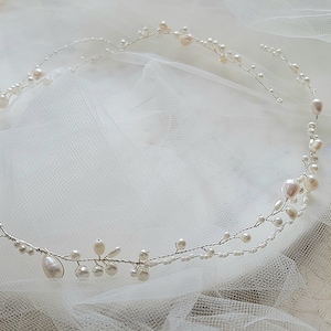 Bridal Freshwater Pearl Hair Vine. Gold or Silver Delicate Wedding Leaf Wreath, Halo. Minimalist Bride Headpiece, Tiara Crown Headband. JUNE image 10