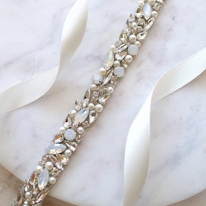 Opal Pearl Beaded Bridal Sash: Rhinestone Crystal Wedding Dress Belt