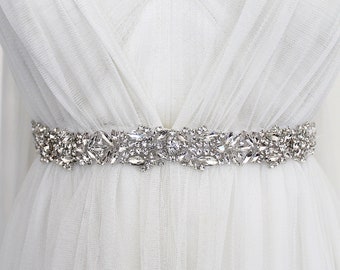 Luxury Silver Crystal Beaded Wedding Dress Belt. Rhinestone Diamond Diamante Jewel Bridal Sash. All Around Beaded Trim. CRYSTALLINE SILVER