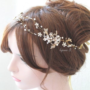 Coiffe de mariée feuille d&#39;or : liane de cheveux de mariage bohème en perles de cristal