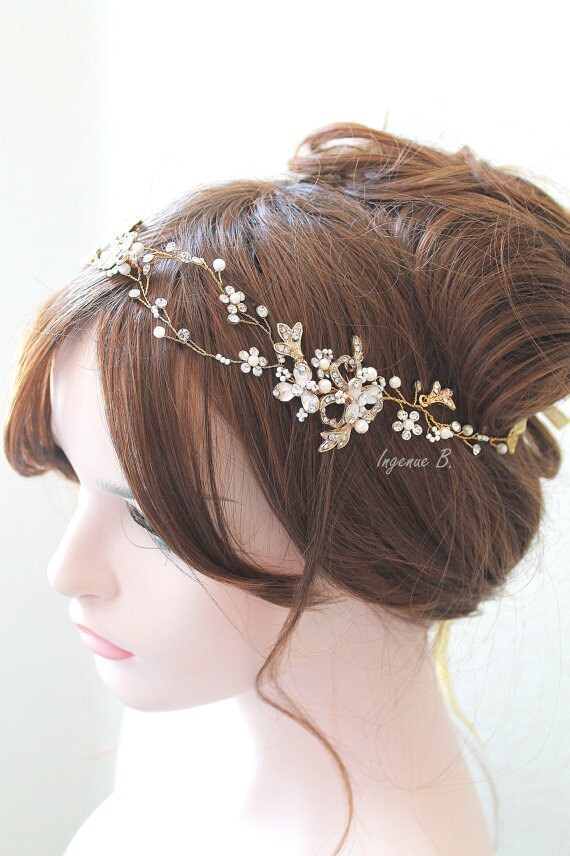 Gold Leaf Bridal Headpiece: Crystal Pearl Boho Wedding Hair Vine