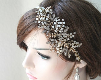Gold or Rose gold Leaf Vine Opal Pearl Bridal Headpiece. Delicate Swarovski Crystal Boho Wedding Headband, Wreath. Bridal Hair Comb.ELSA