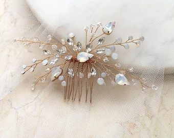 White Opal Crystal Bridal Hair Comb. Gold Wedding Headpiece. Delicate Rhinestone Jewelry Hair Vine. Bride Crown, Tiara. OPALINE