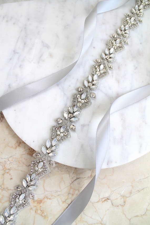 silver beaded belt for dress Camilla Christine ELSA SASH Crystal Bridal Belt Art Deco Wedding Sash