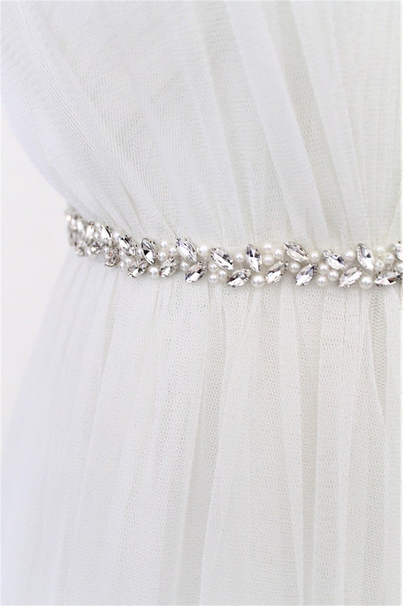 Silver Bridal Sash: Pearl Crystal Wedding Dress Belt - Etsy display picture 2