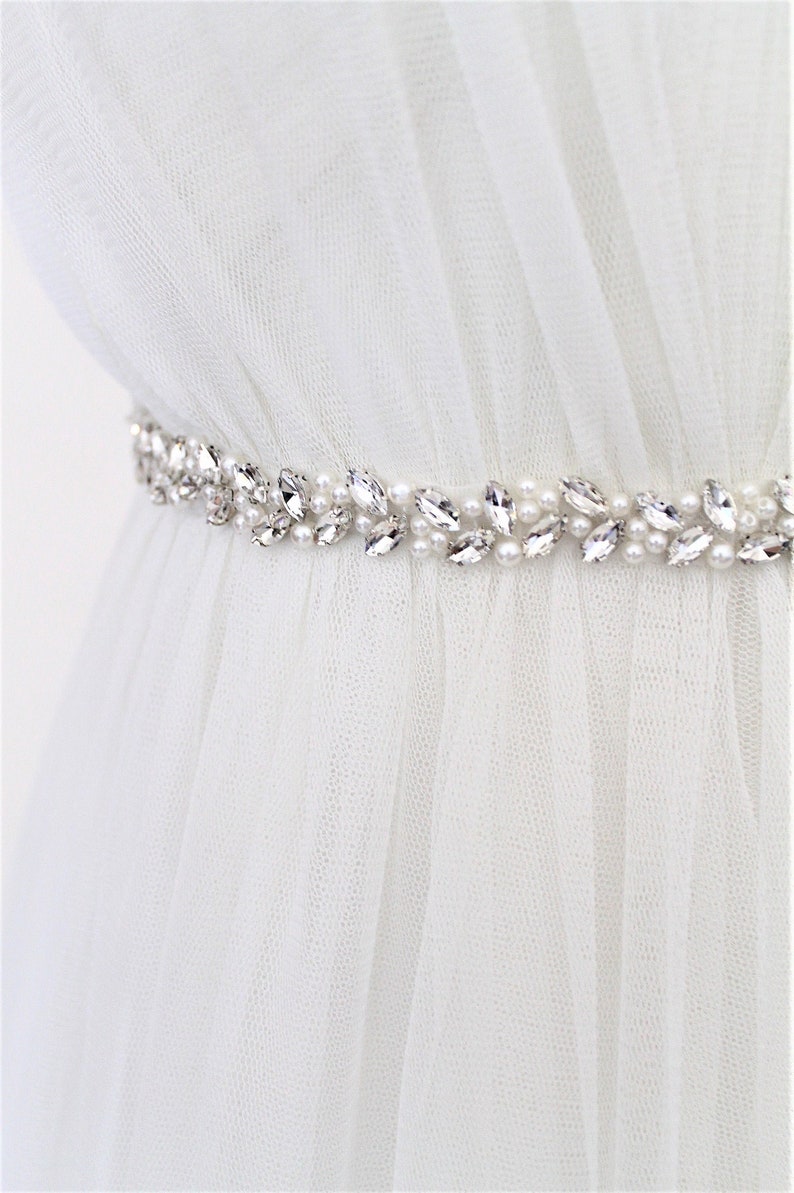 Silver Beaded Pearl Crystal Bridal Sash. All Around Thin Slim Gold Wedding Dress Belt. Rose gold Bridesmaid Rhinestone Leaf Trim. MICHEL image 1