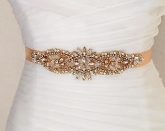 Gold Bridal Crystal Sash. Rose Gold Rhinestone Pearl Applique Wedding Belt. Silver Bridal Sash. CHARLENE