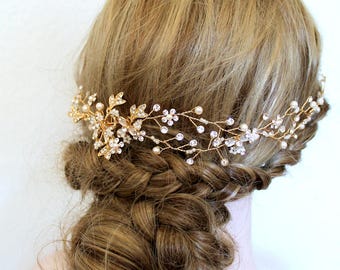 Gold or Rose gold Leaf Vine Bridal Headpiece. Boho Silver Crystal Pearl Wedding Wreath. Halo Headband. Rhinestone Floral Hairpiece. TEREZ