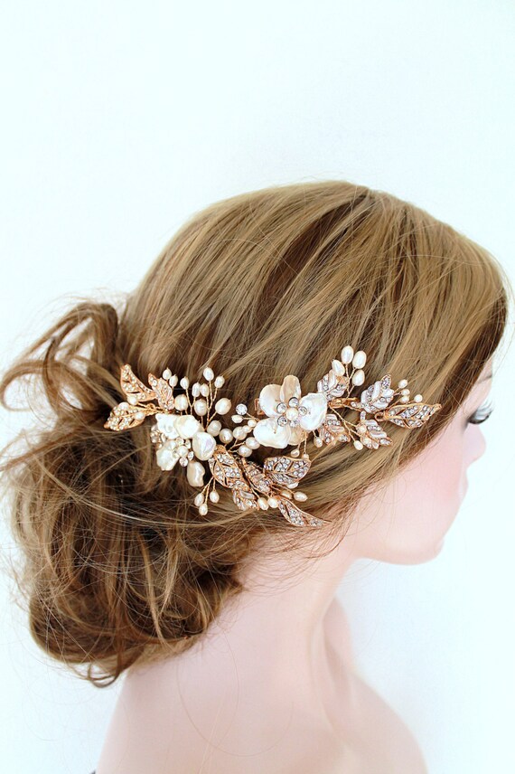 Handmade Wedding Hair Comb Set with Crystal Flowers and Gold Leaves Amazon.com : Gorais Crystal Bride Wedding Hair Combs Gold  main image 3