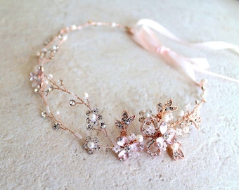 Rose Gold Leaf Bridal Headpiece: Crystal Pearl Boho Wedding Hair Vine