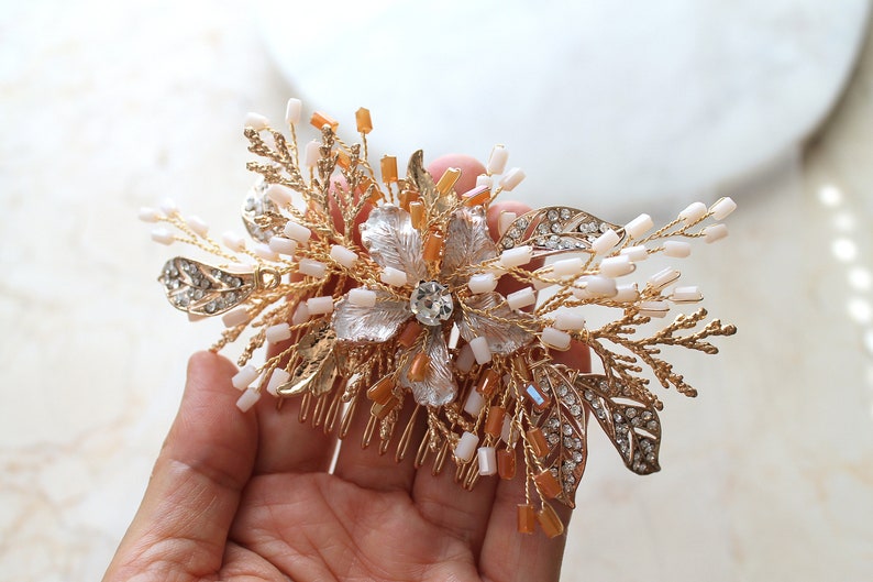 Glamorous Gold Bridal Hair Comb. Rustic Wedding Headpiece, Tiara, Crown. Crystal Diamante Flower Hair Piece. Bride Hair Jewelry. SIENNA image 6