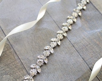 Silver or Rose gold Bridal Crystal Flower Belt. Thin Rhinestone Jewel Wedding Dress Sash. Dainty Bridesmaid Delicate Slim Belt. CHARLOTTE