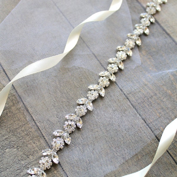 Silver or Rose gold Bridal Crystal Flower Belt. Thin Rhinestone Jewel Wedding Dress Sash. Dainty Bridesmaid Delicate Slim Belt. CHARLOTTE