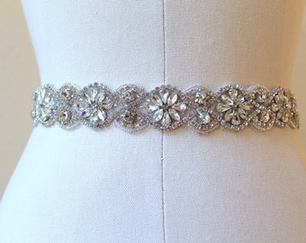 Bridal Art Deco Austrian Crystal Flower Medallion Sash.  Vintage Beaded Rhinestone Wedding Belt.  FLORENZA