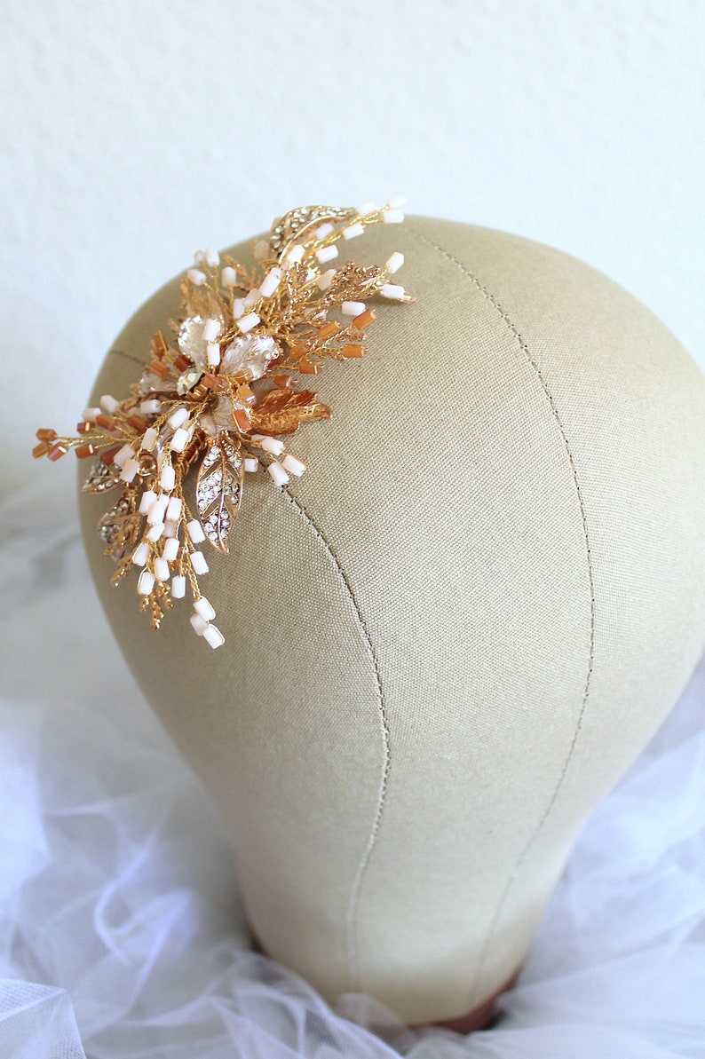 Glamorous Gold Bridal Hair Comb. Rustic Wedding Headpiece, Tiara, Crown. Crystal Diamante Flower Hair Piece. Bride Hair Jewelry. SIENNA image 8