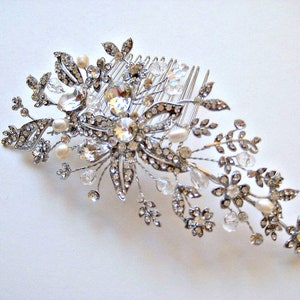 Swarovski Crystal Bridal Hair Comb: Antique Silver Pearl Wedding Headpiece