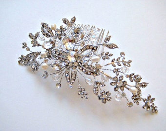 Peineta nupcial con cristales de Swarovski: Tocado de novia con perla plateada antigua