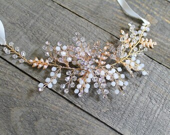 Gold or Rose gold Leaf Vine Opal Pearl Bridal Sash. Ethereal Delicate Swarovski Crystal Boho Wedding Belt. Bridal Wired Appliqued Sash. ELSA