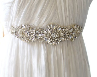 Silver Crystal Bridal Sash. Rhinestone Applique Wedding Belt. Gold Pearl Wedding Sash. AMELIA