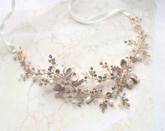 Gold or Silver Floral Leaf Vine Wedding Dress Belt. Crystal Freshwater Pearl Bridal Sash. Rhinestone Wired Blush Flower Sash. ENCHANTRESS