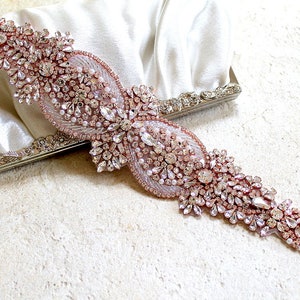 Rose gold Bridal Crystal Sash. Wide, Thick Rhinestone Pearl Luxury Wedding Dress Belt. Blush Pink Glam Bride Sash. image 2