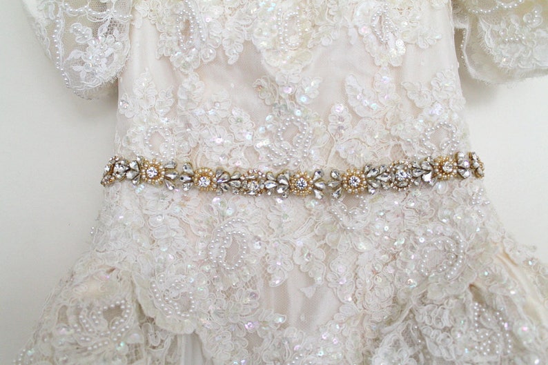 Rose gold or Gold Crystal Pearl Medallion Bridal Belt. Luxury Beaded Rhinestone Wedding Dress Sash. Bride Thin Belt. Beaded Applique. ELIE image 10