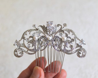 Bridal Swarovski Crystal Pearl Leaf Vine Hair comb. Rhinestone Jewel Flower Wedding Headpiece. JEWEL LEAF