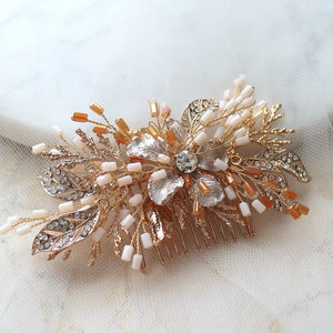 Peineta de novia dorada glamorosa. Tocado de boda rústico, tiara, corona. Pieza de pelo de flor de diamante de cristal. Joyería para el cabello de novia. TIERRA DE SIENA imagen 3