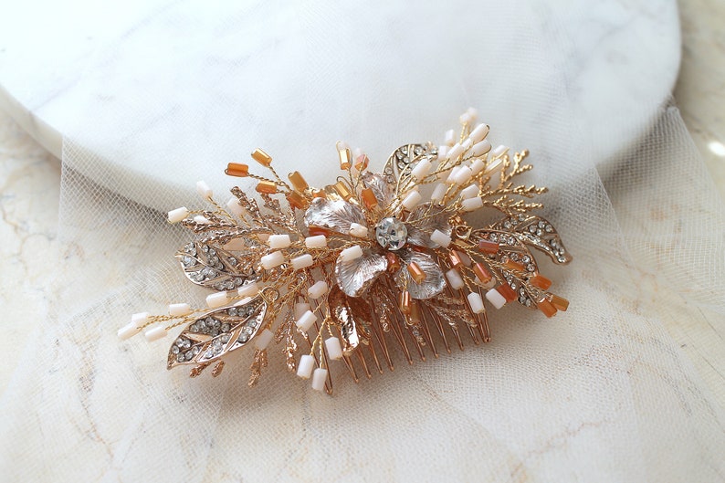 Peineta de novia dorada glamorosa. Tocado de boda rústico, tiara, corona. Pieza de pelo de flor de diamante de cristal. Joyería para el cabello de novia. TIERRA DE SIENA imagen 3