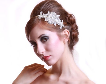 Bridal beaded art-deco czechoslovakia crystal headband. Vintage rhinestone applique wedding hair comb.  FRENCH DECO.