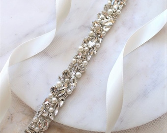 Silver or Gold Crystal Pearl Beaded Bridal Sash. All Around Thin Wedding Dress Belt. Slim Rhinestone Applique Trim Bridesmaid Sash. ELLE