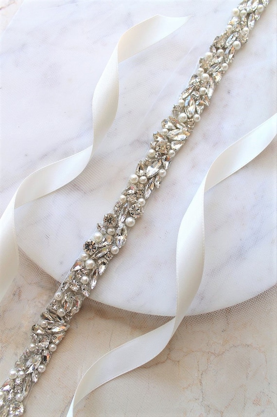 Crystal Embellished Satin Bridal Sash - White & Silver Sash - Crystal Pearl Weave Bridal Belt Sash in Silver  main image 4