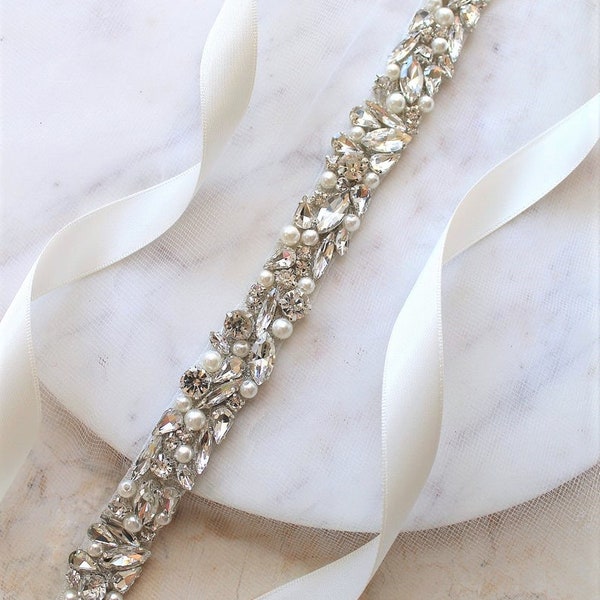 Silver or Gold Crystal Pearl Beaded Bridal Sash. All Around Thin Wedding Dress Belt. Slim Rhinestone Applique Trim Bridesmaid Sash. ELLE