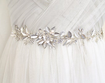 Silver Opal Pearl Bridal Sash. Crystal Rhinestone Leaf Vine Floral Wedding Dress Belt. Delicate Thin Hand Wired Moonstone Belt. SILVERY